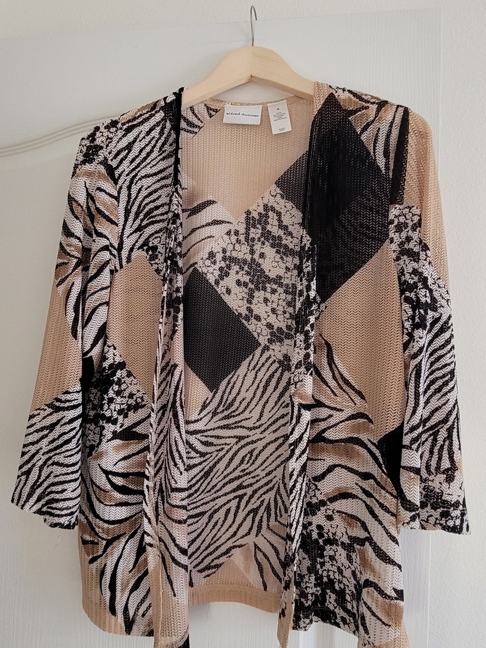 Alfred Dunner Beige Black Cream Patterned Open Cardigan Sz M